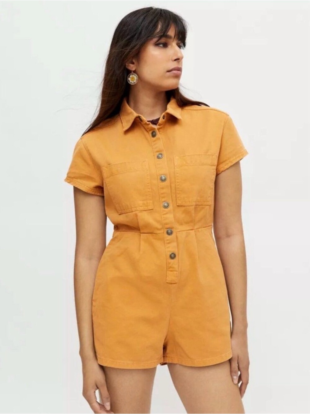 Urban Outfitters BDG Short Sleeve Utility Romper in Mustard Yellow